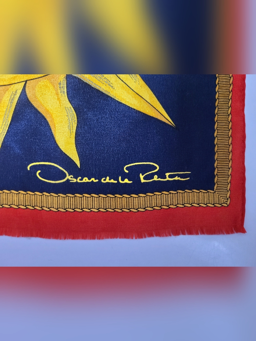 Oscar de la Renta Vintage Oblong Scarf Blue/Red/Yellow Celestial Print - Picture 2 of 10